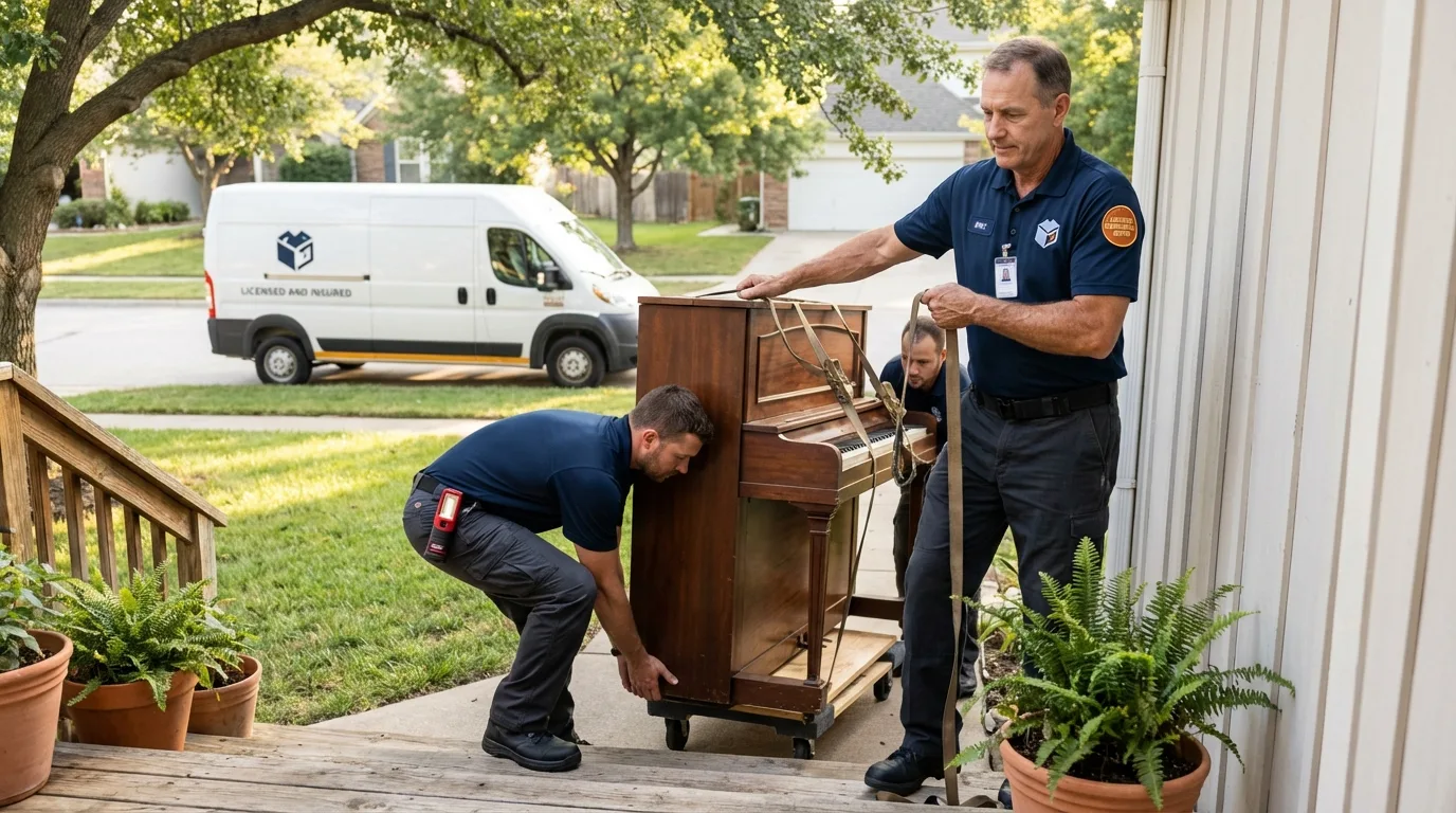 Licensed piano movers securing grand piano in Conehatta, MS